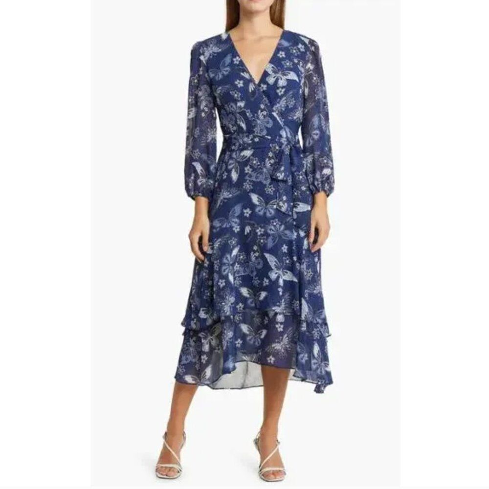 Eliza J Size 6 Butterfly Floral Long Sleeve Faux Wrap Midi Dress